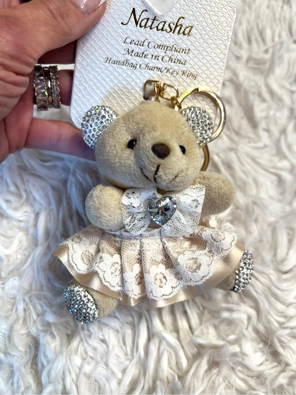 🐻NATASHA plush beige bear WITH lace dress with rhinestone accents.🐻NWT